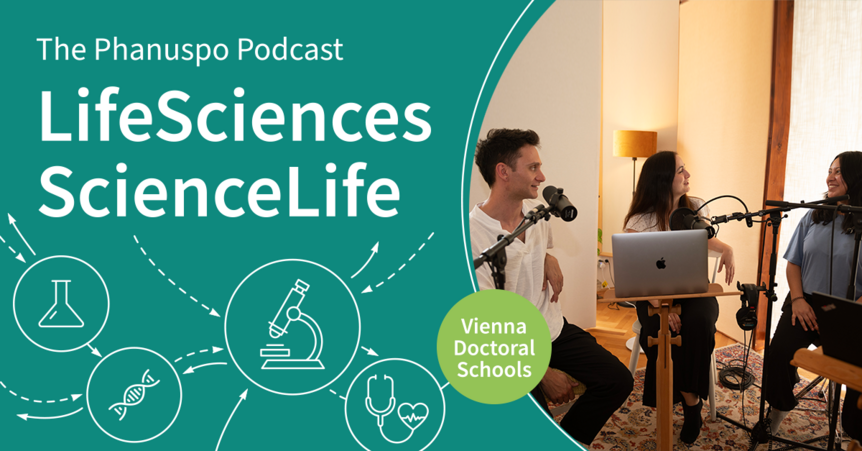 White text "PhaNuSpo Podcast LifeSciences ScienceLife" on green background and a photo of one man (Vincenzo) and two women (Shara and Agnes) during the recording