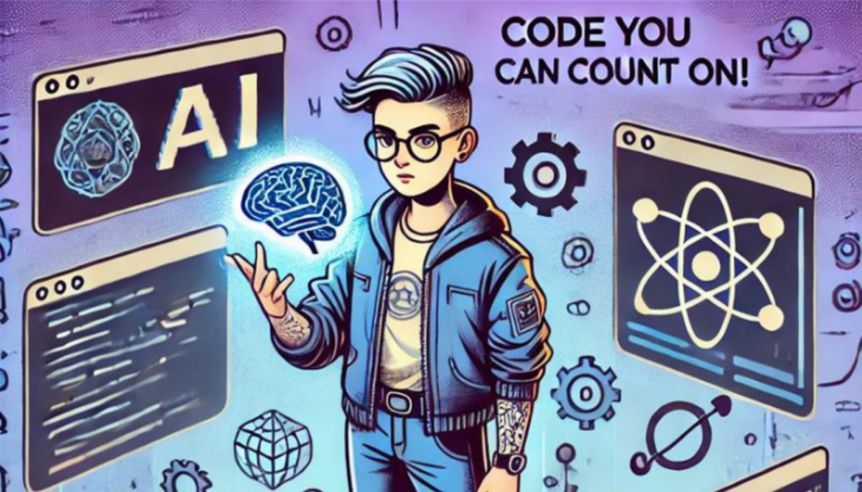 Drawing of a boy with a brain in his hand, in background AI and coding pictures